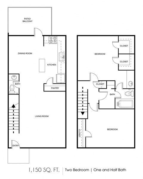 Floor plan for 2 beds, 1.5 baths, 1150 sqft